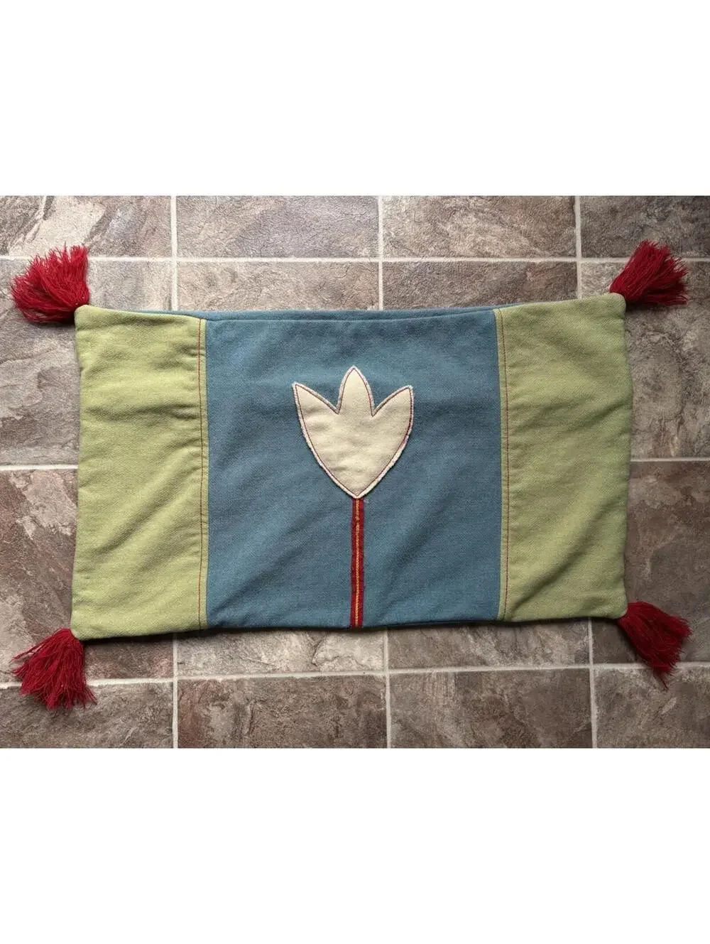 Vintage IKEA Cushion Cover Wool Swedish Scandinavian Blue Green Flower Tassels